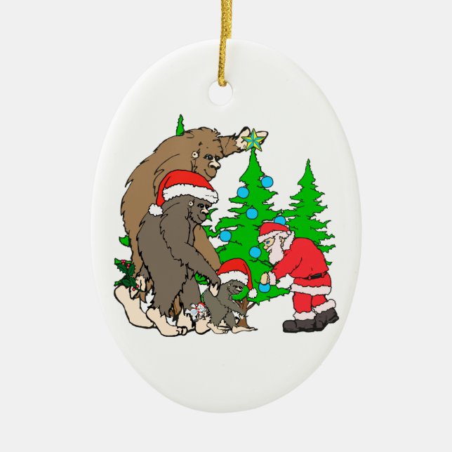 Bigfoot family  and Santa Ceramic Ornament (Front)