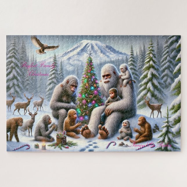 Bigfoot Family Christmas Mt Rainier Jigsaw Puzzle (Horizontal)