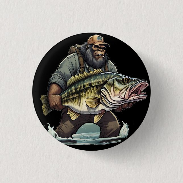 Bigfoot Fishing Bass Fish  Sasquatch Yeti in Lake  1 Inch Round Button (Front)
