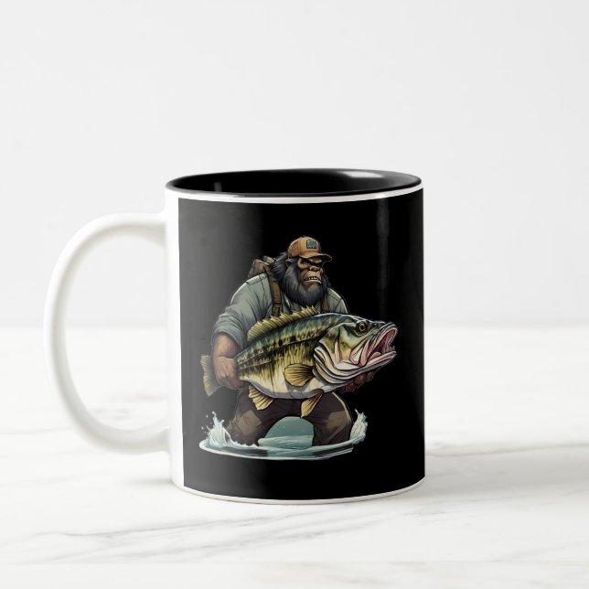 Bigfoot Fishing Bass Fish  Sasquatch Yeti in Lake Two-Tone Coffee Mug (Left)