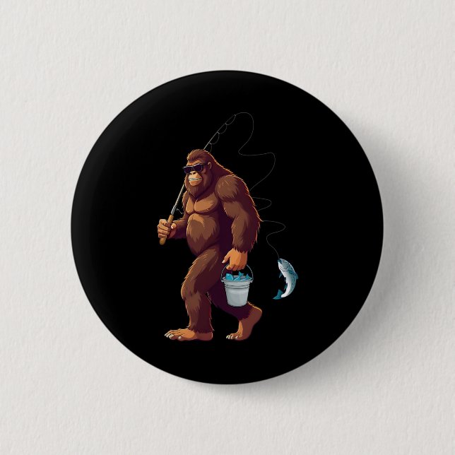 Bigfoot Fishing Funny Retro Sasquatch Fisherman Da 2 Inch Round Button (Front)