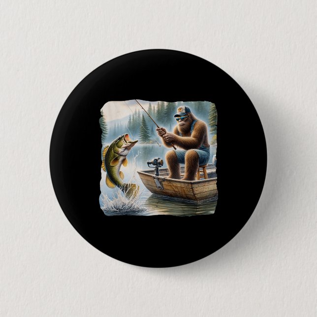 Bigfoot Fishing Funny Sasquatch Summer B Fisherman 2 Inch Round Button (Front)