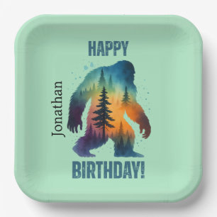 Bigfoot Forest Sunset Silhouette Happy Birthday Paper Plate