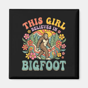 Bigfoot girl believes forest floral sunset magnet