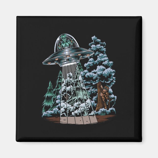 Bigfoot Hiding From Alien In A UFO Behind A Tree F Magnet (Front)