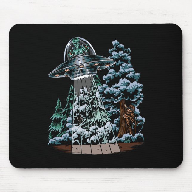 Bigfoot Hiding From Alien In A UFO Behind A Tree F Mouse Pad (Front)