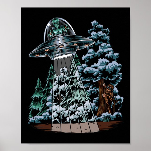 Bigfoot Hiding From Alien In A UFO Behind A Tree F Poster (Front)