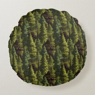Bigfoot Hiding In A Pine Tree Forest Round Pillow