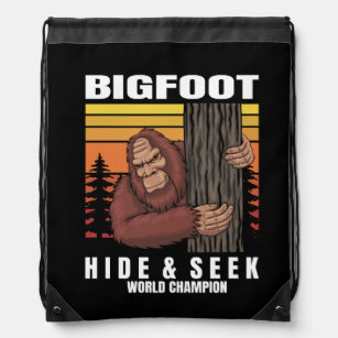 bigfoot hiding in a tree retro drawstring bag