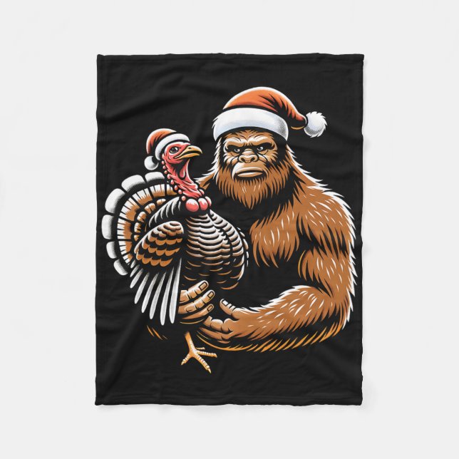 Bigfoot Holding Thanksgiving Turkey With Christmas Fleece Blanket (Front)