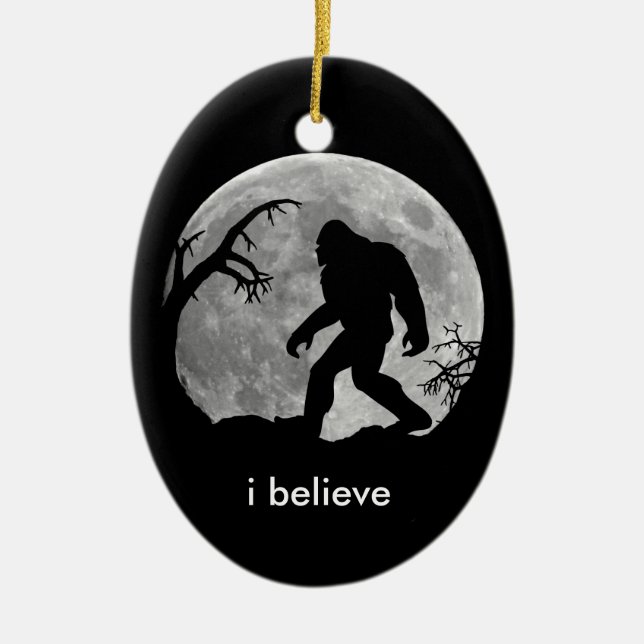 Bigfoot - I believe with moon and tree silhouette Ceramic Ornament (Front)