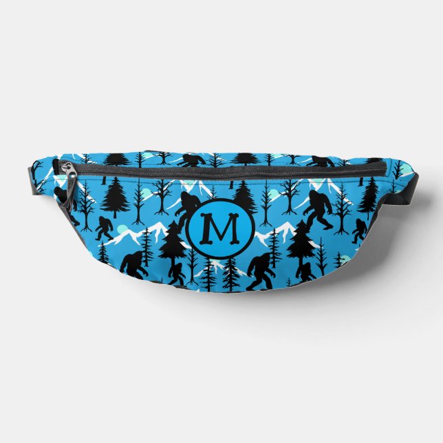 Bigfoot in Forest Trees and Mountains Monogram Fanny Pack (Lay Down)