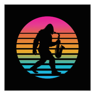 Bigfoot Jazz Saxophone Retro Sunset Design Glossy  Poster