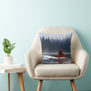 Bigfoot Lake Canoe Wilderness Pine Forest Throw Pillow