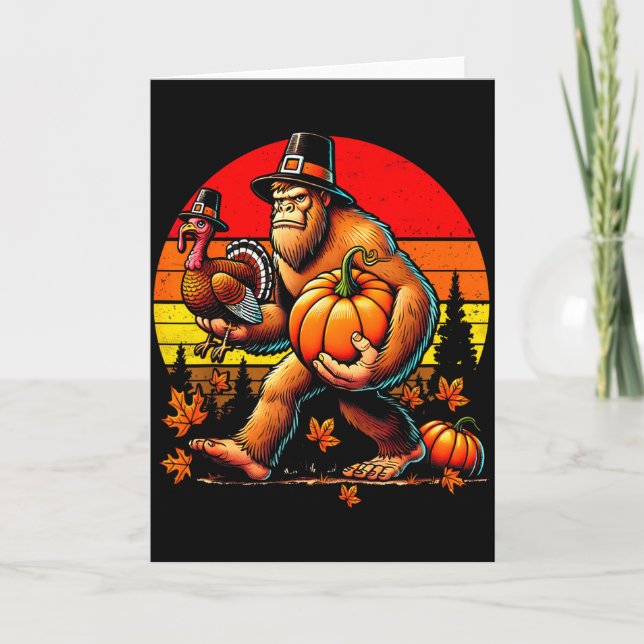 Bigfoot Lgrim Turkey Pumpkin Thanksgiving Day Boys Card (Front)