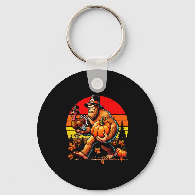 Bigfoot Lgrim Turkey Pumpkin Thanksgiving Day Boys Keychain (Front)