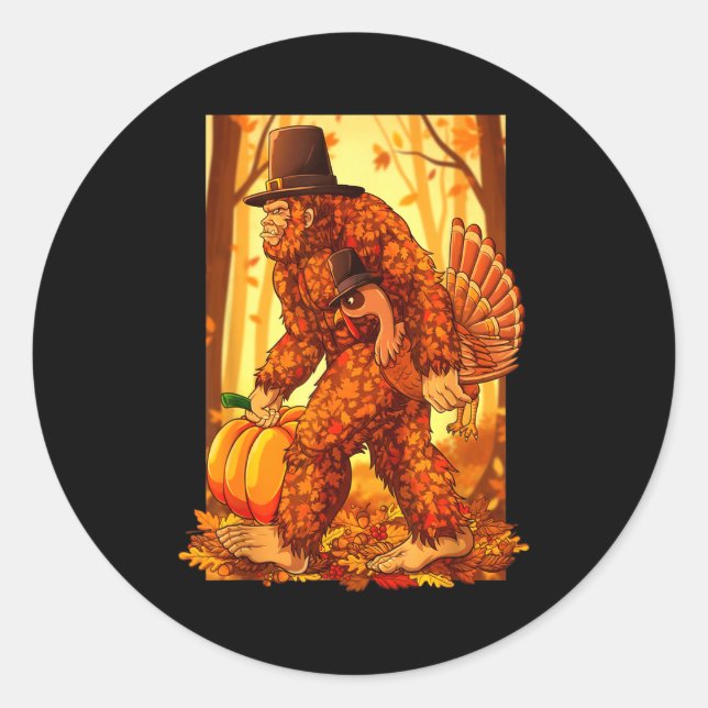 Bigfoot Lgrim Turkey Pumpkin Thanksgiving Day Funn Classic Round Sticker (Front)