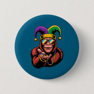 Bigfoot Mardi Gras Funny Carnival With Jester Bead 2 Inch Round Button