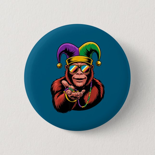 Bigfoot Mardi Gras Funny Carnival With Jester Bead 2 Inch Round Button (Front)
