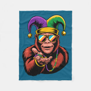 Bigfoot Mardi Gras Funny Carnival With Jester Bead Fleece Blanket
