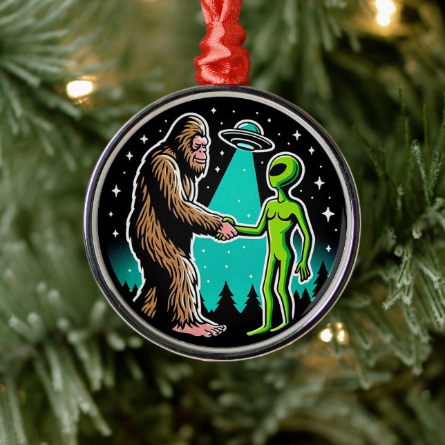 Bigfoot Meets Alien Metal Ornament (Tree)