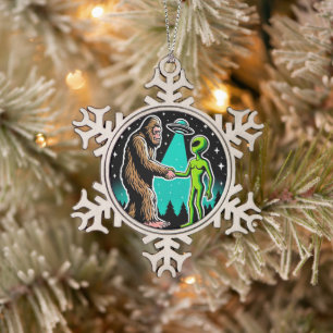 Bigfoot Meets Alien Snowflake Pewter Christmas Ornament