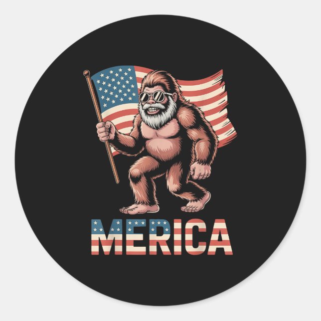 Bigfoot Merica Rock American Flag Patriotic 4th Of Classic Round Sticker (Front)