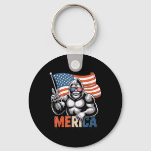 Bigfoot Merica Rock American Flag Patriotic 4th Of Keychain
