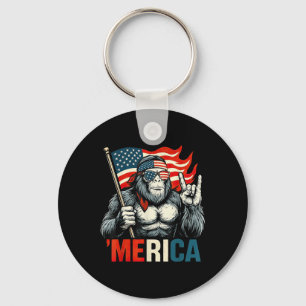 Bigfoot Merica Rock American Flag Patriotic 4th Of Keychain