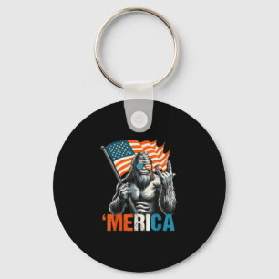 Bigfoot Merica Rock American Flag Patriotic 4th Of Keychain