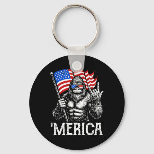 Bigfoot Merica Rock American Flag Patriotic 4th Of Keychain