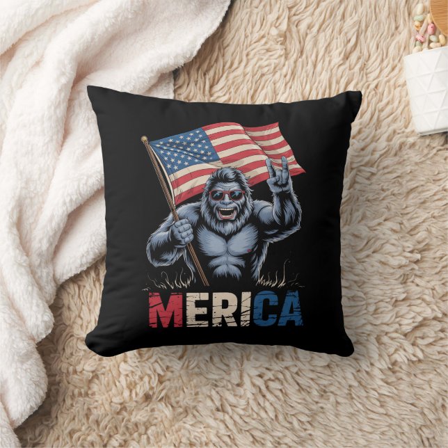 Bigfoot Merica Rock American Flag Patriotic  Throw Pillow (Blanket)