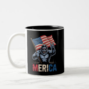 Bigfoot Merica Rock American Flag Patriotic  Two-Tone Coffee Mug