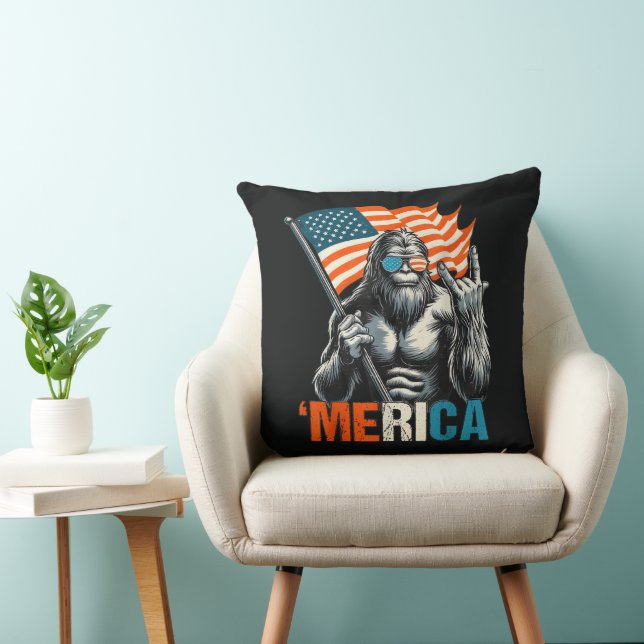 Bigfoot Merica Rock American Flag Throw Pillow (Chair)