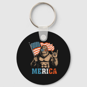 Bigfoot Merica Rock Usa Flag Patriotic 4th Of July Keychain