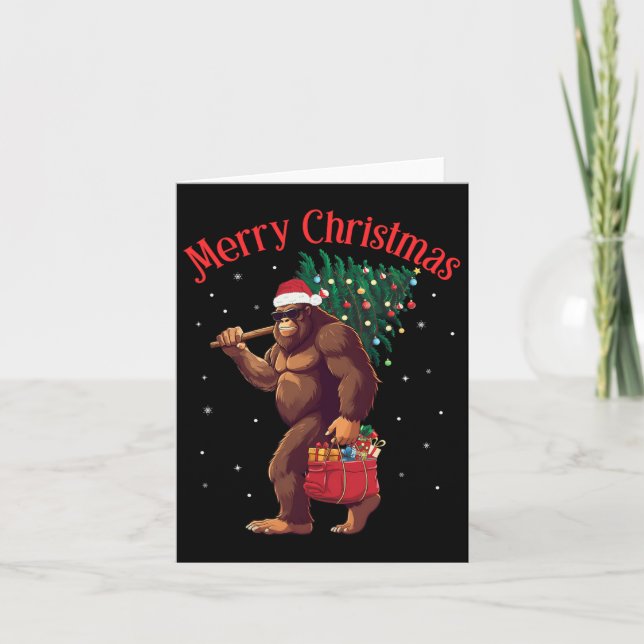Bigfoot Merry Christmas Tree Lights Sasquatch Xmas Card (Front)
