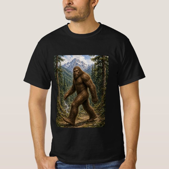 Bigfoot Mountain Forest Walking Design T-Shirt (Front)