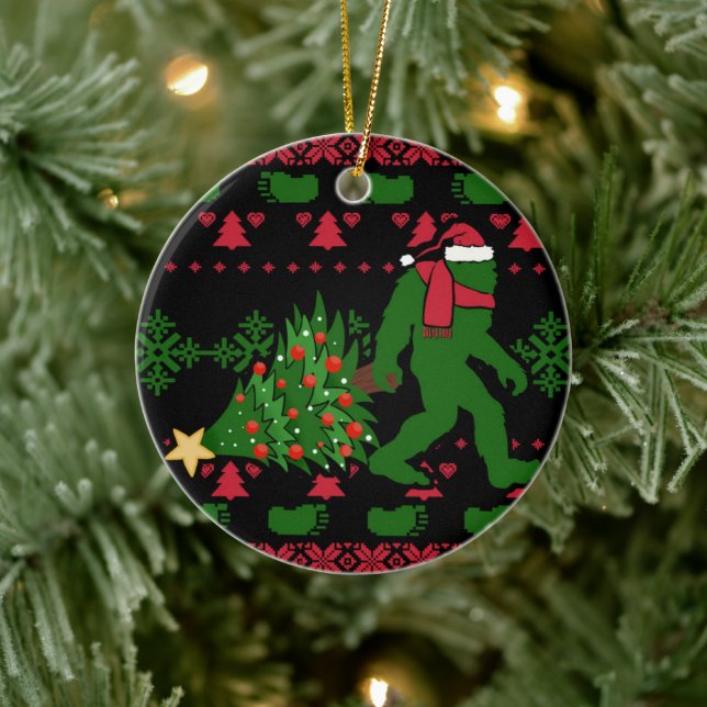 Bigfoot on knit background ceramic ornament (Tree)