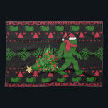 Bigfoot on knit background kitchen towel<br><div class="desc">bigfoot christmas yeti sasquatch, 
beautiful snowflakes adorable knitted , 
crochet funny cartoon snow , 
tree snowflake decor illustration , 
happy knitwear cute knit , 
sweater monster cheerful beast , 
retro vintage hat cool , 
holiday colourful santa claus , 
snow man drawing animal , 
sasquatch bigfoot christmas yeti , </div>