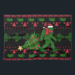 Bigfoot on knit background kitchen towel<br><div class="desc">bigfoot christmas yeti sasquatch, 
beautiful snowflakes adorable knitted , 
crochet funny cartoon snow , 
tree snowflake decor illustration , 
happy knitwear cute knit , 
sweater monster cheerful beast , 
retro vintage hat cool , 
holiday colourful santa claus , 
snow man drawing animal , 
sasquatch bigfoot christmas yeti , </div>