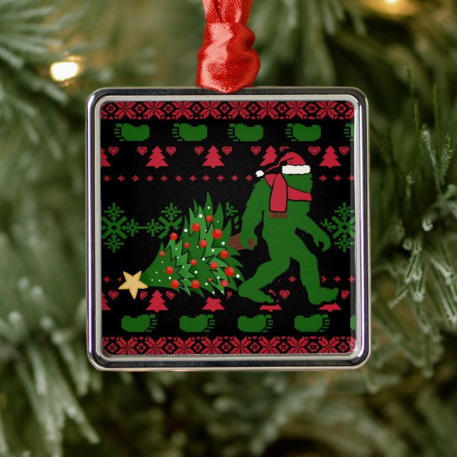 Bigfoot on knit background metal ornament (Tree)