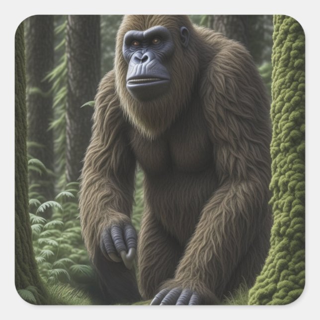  Bigfoot or Sasquatch Squatting by a Tree Square Sticker (Front)