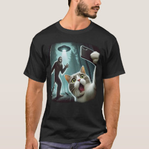 Bigfoot Photobombs Cat’s Selfie with UFO in Forest T-Shirt