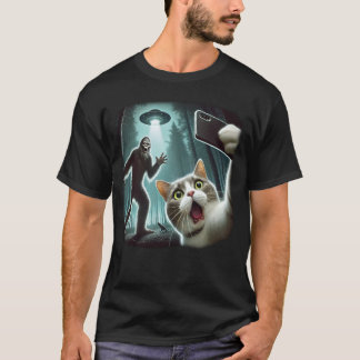 Bigfoot Photobombs Cat’s Selfie with UFO in Forest T-Shirt