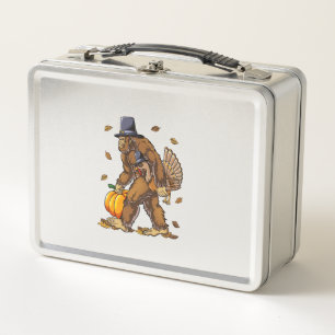 Bigfoot Pilgrim Turkey Pumpkin Thanksgiving Day Bo Metal Lunch Box