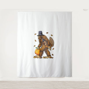 Bigfoot Pilgrim Turkey Pumpkin Thanksgiving Day Bo Tapestry