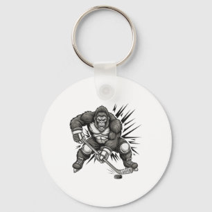 Bigfoot Player Playing Hockey Funny Sasquatch Ice Keychain