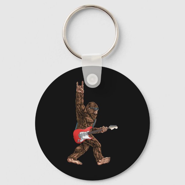 Bigfoot Playing A Electric Guitar Rock On Sasquatc Keychain (Front)