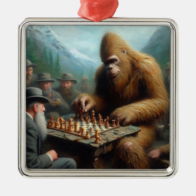 Bigfoot Playing Chess Metal Ornament (Front)