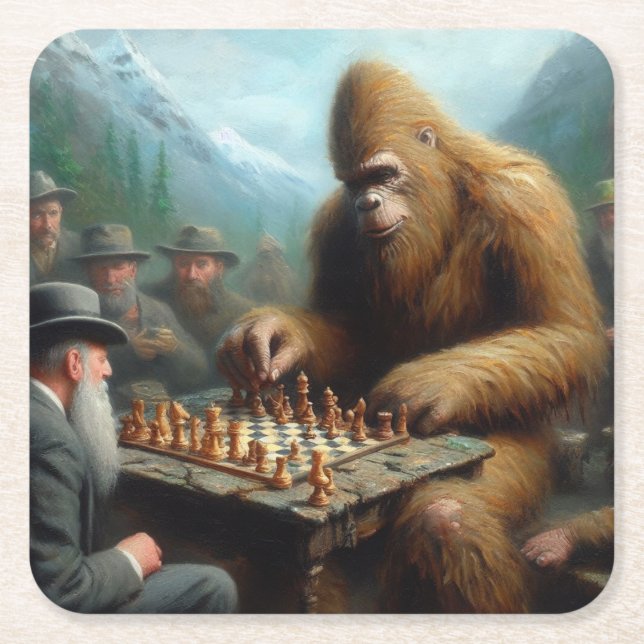 Bigfoot Playing Chess Square Paper Coaster (Front)
